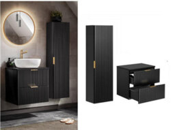 Impact Furniture Bathroom Furniture Set Black Wall Hung Vanity With Drawers 600mm Countertop And Tall Cabinet Ribbed Fluted Adel