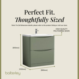 Balterley Dunwood Floor Standing 2 Drawer Bathroom Vanity Unit & Polymarble Basin, Satin Green, 755mm - thumbnail 5