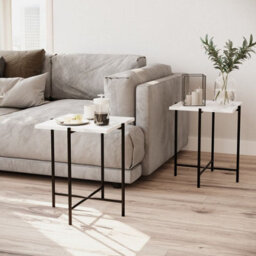 Urbn-Living Urbnliving 45Cm Height 2 Pcs White Marble Effect Tops Square Side End Coffee Table Metal Frame