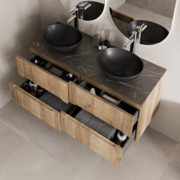 Aveli 1200mm Oak Grey Marble Vanity Unit Double Oval Basin Wall Hung Fluted Soft Close - thumbnail 1