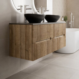 Aveli 1200mm Oak Grey Marble Vanity Unit Double Oval Basin Wall Hung Fluted Soft Close - thumbnail 3