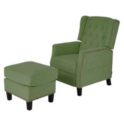 Living And Home Green Fabric Upholstered Sofa Pushback Reclining Chair Armchair With Footstool