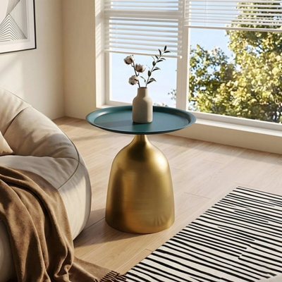 Gold Metal Side Table Deep Teal Tray Top Steel Accent Table Home - image 1