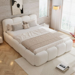 Merax 4Ft6 Double Upholstered Bed 135 X 190 Cm, Boucle Children's Bed With Soft Headboard, Padded Frame, Beige - thumbnail 3