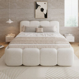 Merax 4Ft6 Double Upholstered Bed 135 X 190 Cm, Boucle Children's Bed With Soft Headboard, Padded Frame, Beige - thumbnail 2