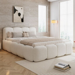 Merax 4Ft6 Double Upholstered Bed 135 X 190 Cm, Boucle Children's Bed With Soft Headboard, Padded Frame, Beige - thumbnail 1