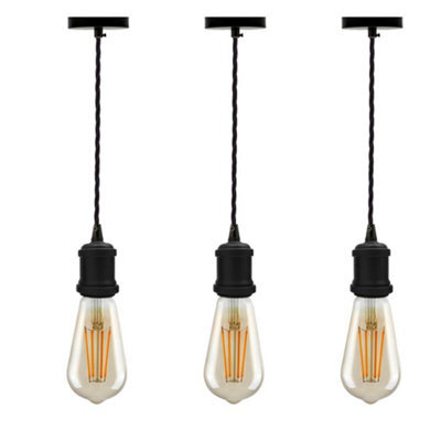 Vintage E27 Pendant Light Fitting Black Hanging Ceiling Lamp Kit With Twisted Fabric 2M Cable Pack Of 3 - image 1