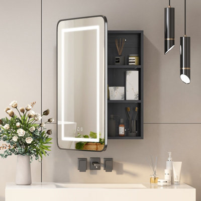 Keepreaper Sleek Lighted Bathroom Mirror Cabinet 3 Color Led With Demister Black Metal Edge Wall Mount Storage Bathroom Cabinet - image 1