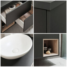 Homestylestore Black Grey 1200mm Wall Hung Bathroom Vanity Unit Oval Chalk Countertop Basins Open Shelves - thumbnail 2