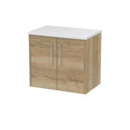 Nuie Hudson Reed Juno Wall Hung 2-Door Vanity Unit & Sparkling White Laminate Worktop, Countertop Basin Unit In Autumn Oak, 600mm - thumbnail 1