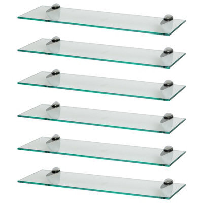 Harbour Housewares 6X Floating Glass Shelves - 60Cm - Silver Brackets - Bathroom Shower Storage Vanity Display Unit Shelf - image 1