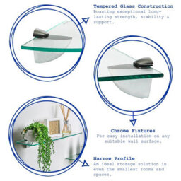 Harbour Housewares 6X Floating Glass Shelves - 60Cm - Silver Brackets - Bathroom Shower Storage Vanity Display Unit Shelf - thumbnail 2