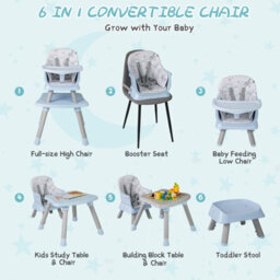 Costway 6-In-1 Baby High Chair Convertible Infant Feeding Chair-Grey - thumbnail 9