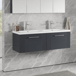 Balterley Belvide Partial Fluted 2 Drawer Wall Hung Vanity Unit With Double Ceramic Basin - 1200mm - Satin Dark Grey - thumbnail 6