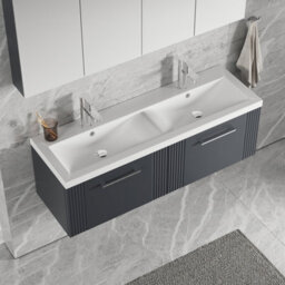 Balterley Belvide Partial Fluted 2 Drawer Wall Hung Vanity Unit With Double Ceramic Basin - 1200mm - Satin Dark Grey - thumbnail 3