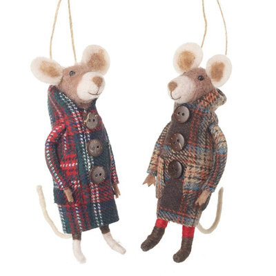 Heaven Sends Christmas Set Of 2 Felt Mice In Tartan Jackets Hanging Ornaments For Christmas Tree, 16.2 X 4 Cm Each