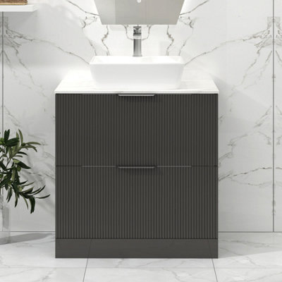 Royal Bathrooms Lyon 800mm Gloss Anthracite Fluted Floor Standing Vanity Unit 2 Drawer With Countertop Basin - Cube - image 1