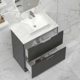 Royal Bathrooms Lyon 800mm Gloss Anthracite Fluted Floor Standing Vanity Unit 2 Drawer With Countertop Basin - Cube - thumbnail 3
