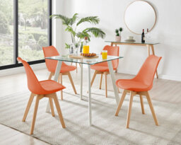 Furniturebox Seattle Scandi Inspired Glass And White Leg Square Dining Table & 4 Orange Cushioned Stockholm Beech Wood Leg Chairs - thumbnail 1