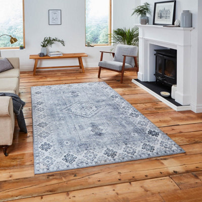 Silver Traditional Rug Persian Geometric Bordered Rug For Living Room Bedroom And Dining Room-180Cm X 270Cm