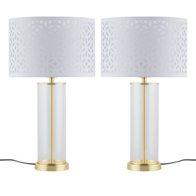 First Choice Lighting Set Of 2 Aura - Satin Brass Lamps With White Cut Out Shades - image 1