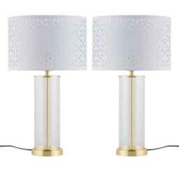 First Choice Lighting Set Of 2 Aura - Satin Brass Lamps With White Cut Out Shades - thumbnail 1