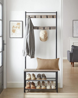 Songmics Vasagle Coat Rack Stand, Coat Tree, Hallway Shoe Rack And Bench With Shelves, Hall Tree With Hooks, Matte Steel Frame - image 1