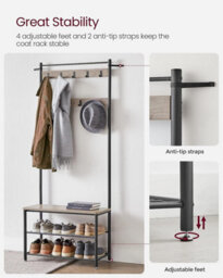 Songmics Vasagle Coat Rack Stand, Coat Tree, Hallway Shoe Rack And Bench With Shelves, Hall Tree With Hooks, Matte Steel Frame - thumbnail 6