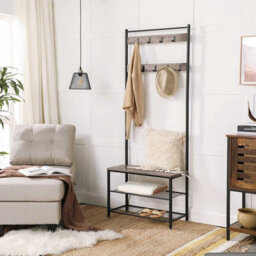 Songmics Vasagle Coat Rack Stand, Coat Tree, Hallway Shoe Rack And Bench With Shelves, Hall Tree With Hooks, Matte Steel Frame - thumbnail 2