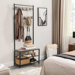 Songmics Vasagle Coat Rack Stand, Coat Tree, Hallway Shoe Rack And Bench With Shelves, Hall Tree With Hooks, Matte Steel Frame - thumbnail 9