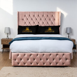 UKBEDFURNITURE Luxor Pink Plush Wingback Divan Bed Base With 54 Inch Headboard & 10 Inch Orthopaedic Mattress - No Storage - thumbnail 1