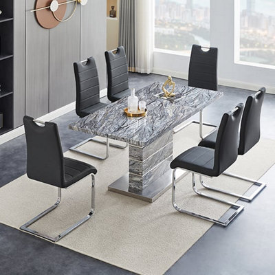 Furniture in Fashion Parini Extendable Melange High Gloss Dining Table 6 Black Chairs - image 1