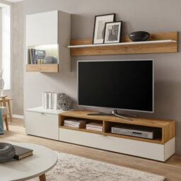 Roco Modern Modular Tv Wall Unit White And Golden Oak Finish With Stylish Storage Solutions