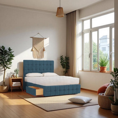 "Knight Sleep Munic Navy Plush 4Ft Bed Set With Mattress, 2 Drawers Same Side & 24""headboard - Small Double" - image 1