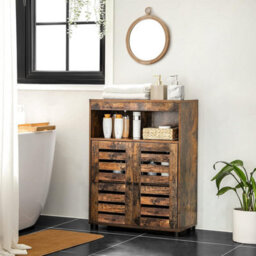 Songmics Bathroom Storage Unit, Rustic 4 Tier Cabinet With Louver Doors, Adjustable Shelf, Rustic Brown - thumbnail 1
