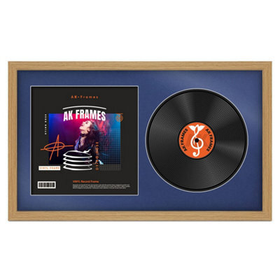 "30X17"" Light Oak Modern Vinyl Record Frame With Blue Mount For 12 Inch Lp Album Cover & Disc - Ak Frames" - image 1