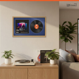 "30X17"" Light Oak Modern Vinyl Record Frame With Blue Mount For 12 Inch Lp Album Cover & Disc - Ak Frames" - thumbnail 5