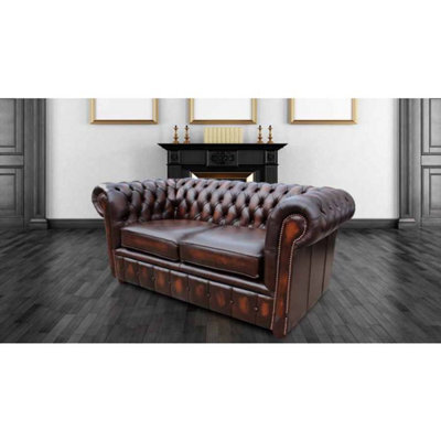 Chesterfield 2 Seater Antique Brown Leather Sofa Settee In Classic Style - image 1