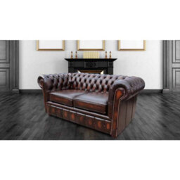 Chesterfield 2 Seater Antique Brown Leather Sofa Settee In Classic Style - thumbnail 1