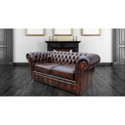 Chesterfield 2 Seater Antique Brown Leather Sofa Settee In Classic Style - thumbnail 2