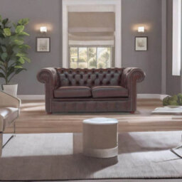 Chesterfield 2 Seater Antique Brown Leather Sofa Settee In Classic Style - thumbnail 4