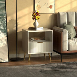 Hygrad Built to Survive Free Standing White Wooden Chic Modern Bedside Sofa End Table Nightstand With Metal Golden Legs For Bedroom Living Room
