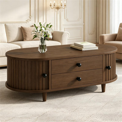 Btm Oval Coffee Table, 2 Sliding Doors, Rounded Corners, Storage Side Table, Mdf Wood, Walnut, 100X50X36Cm - image 1