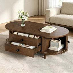 Btm Oval Coffee Table, 2 Sliding Doors, Rounded Corners, Storage Side Table, Mdf Wood, Walnut, 100X50X36Cm - thumbnail 9