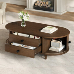 Btm Oval Coffee Table, 2 Sliding Doors, Rounded Corners, Storage Side Table, Mdf Wood, Walnut, 100X50X36Cm - thumbnail 8