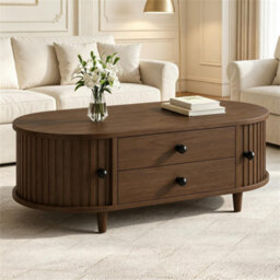 Btm Oval Coffee Table, 2 Sliding Doors, Rounded Corners, Storage Side Table, Mdf Wood, Walnut, 100X50X36Cm - thumbnail 2