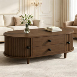 Btm Oval Coffee Table, 2 Sliding Doors, Rounded Corners, Storage Side Table, Mdf Wood, Walnut, 100X50X36Cm - thumbnail 1