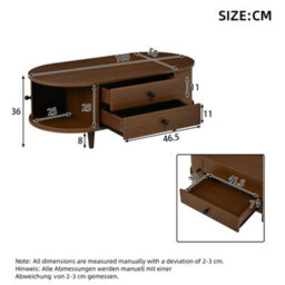 Btm Oval Coffee Table, 2 Sliding Doors, Rounded Corners, Storage Side Table, Mdf Wood, Walnut, 100X50X36Cm - thumbnail 3