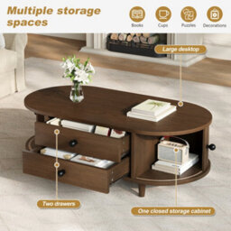 Btm Oval Coffee Table, 2 Sliding Doors, Rounded Corners, Storage Side Table, Mdf Wood, Walnut, 100X50X36Cm - thumbnail 5