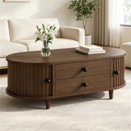 Btm Oval Coffee Table, 2 Sliding Doors, Rounded Corners, Storage Side Table, Mdf Wood, Walnut, 100X50X36Cm - thumbnail 7